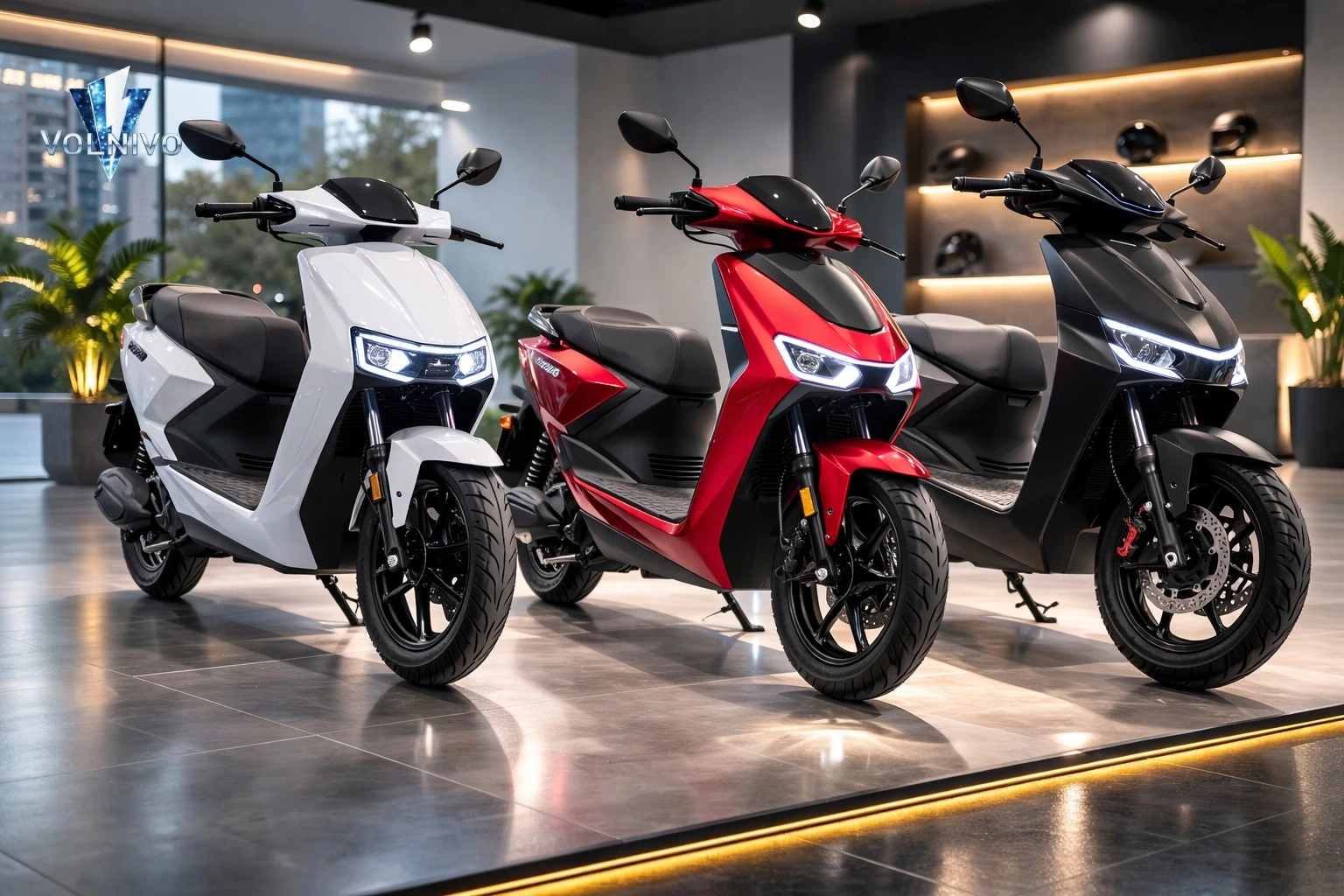 A lineup of three modern electric scooters in white, red, and black parked indoors under showroom lighting.