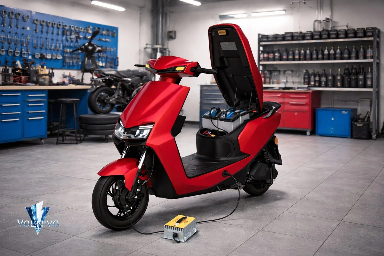 Red electric scooter charging in a shop to fix electric scooter battery draining fast.