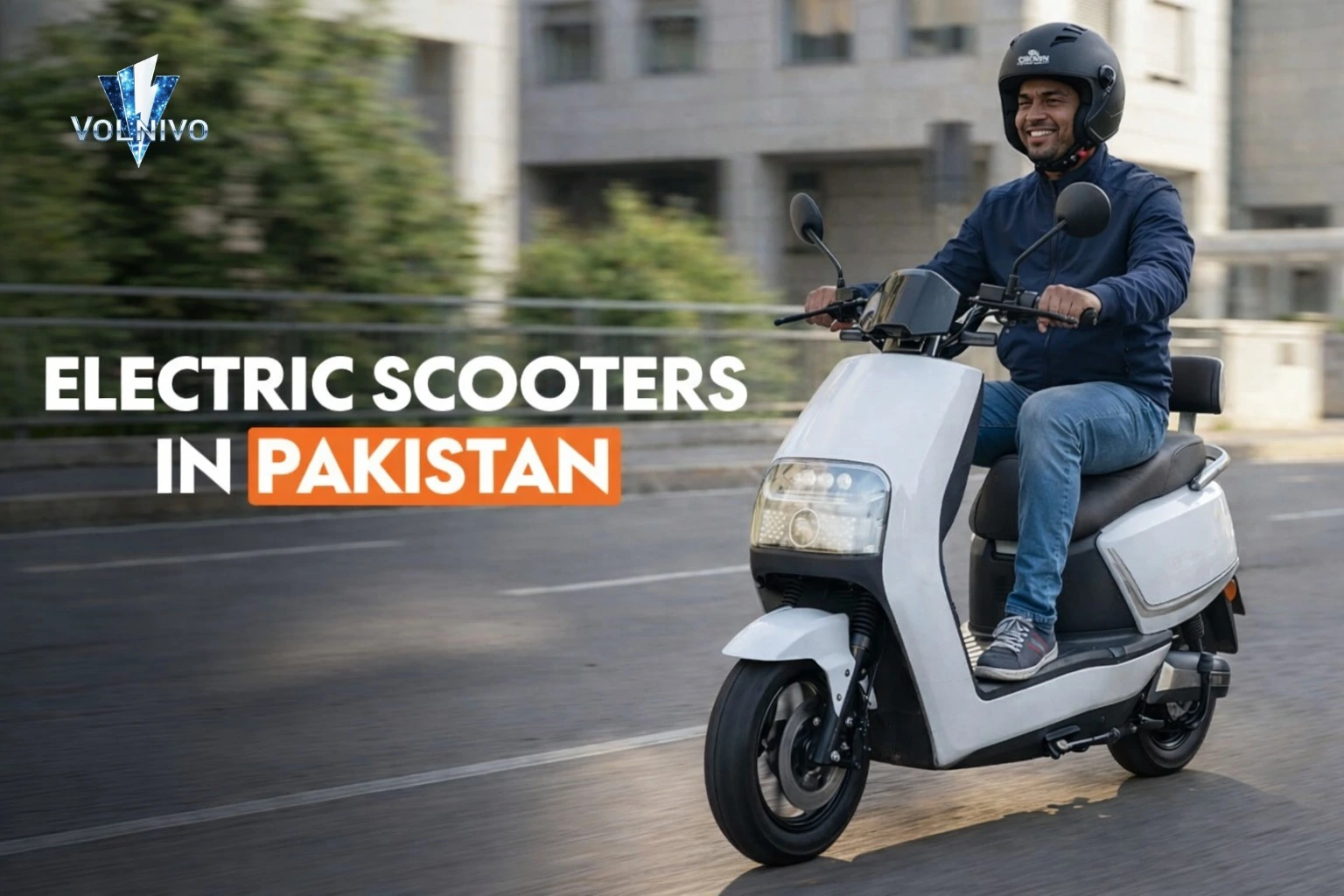 A man wearing a helmet riding a sleek white Crown Electric Scooter in Pakistan on an urban road.