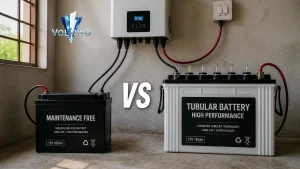 Comparison setup showing Dry Battery vs Tubular Battery connected to inverter.
