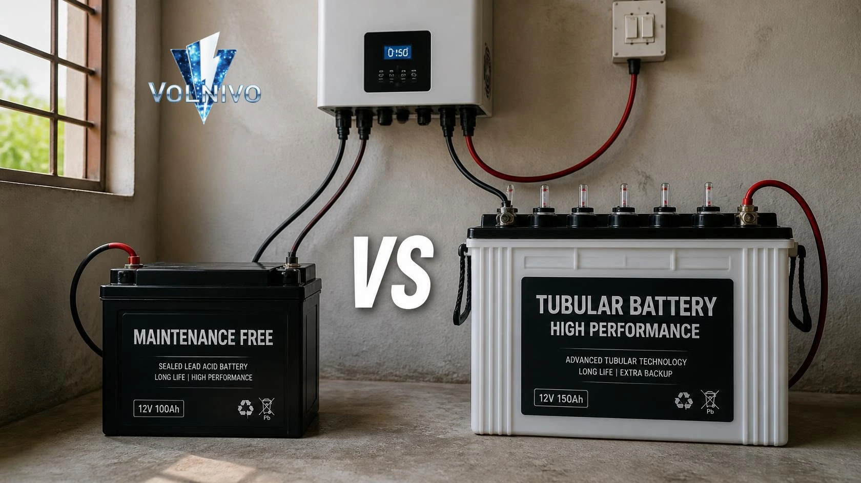 Comparison setup showing Dry Battery vs Tubular Battery connected to inverter.