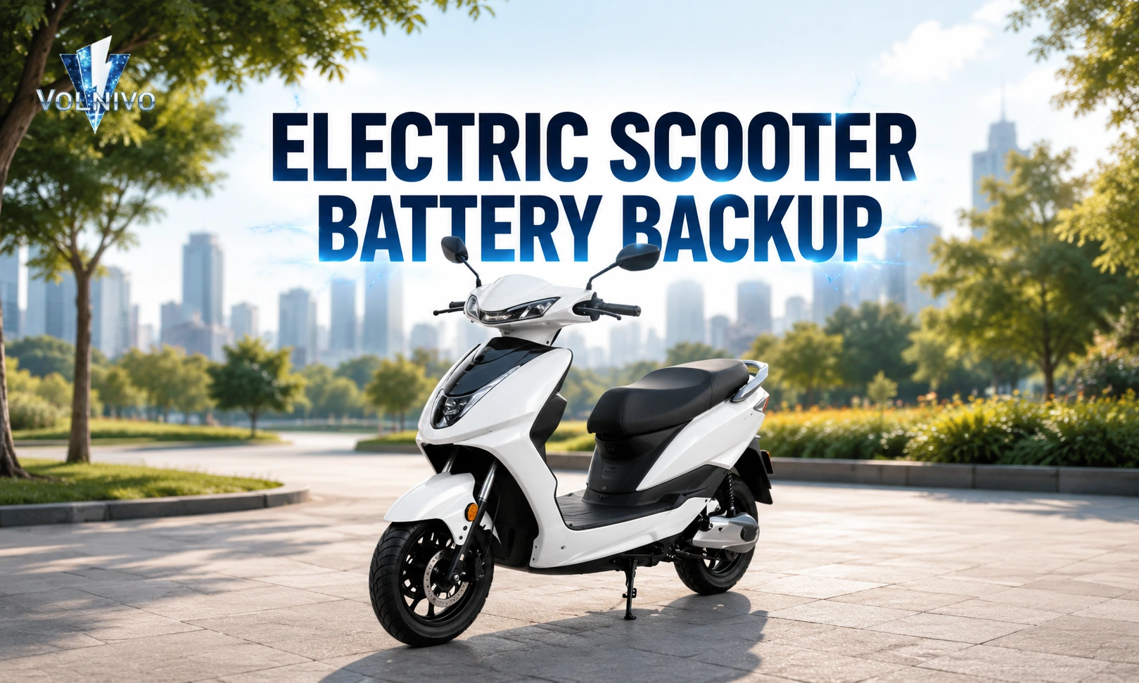 White Volnivo scooter in city park; electric scooter battery backup tips.