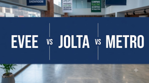 Evee vs Jolta vs Metro electric scooty comparison banner showcasing Pakistan's top electric scooter brands.