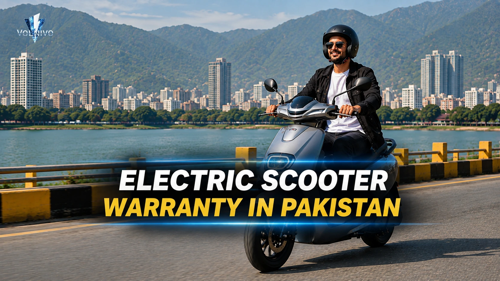 Rider driving an e-scooter on city road under Electric Scooter Warranty in Pakistan.