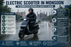 Man riding e-scooter in rain with safety tips for Electric Scooter in Monsoon season.
