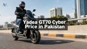 Rider wearing helmet on e-scooter: Yadea GT70 Cyber Price in Pakistan.