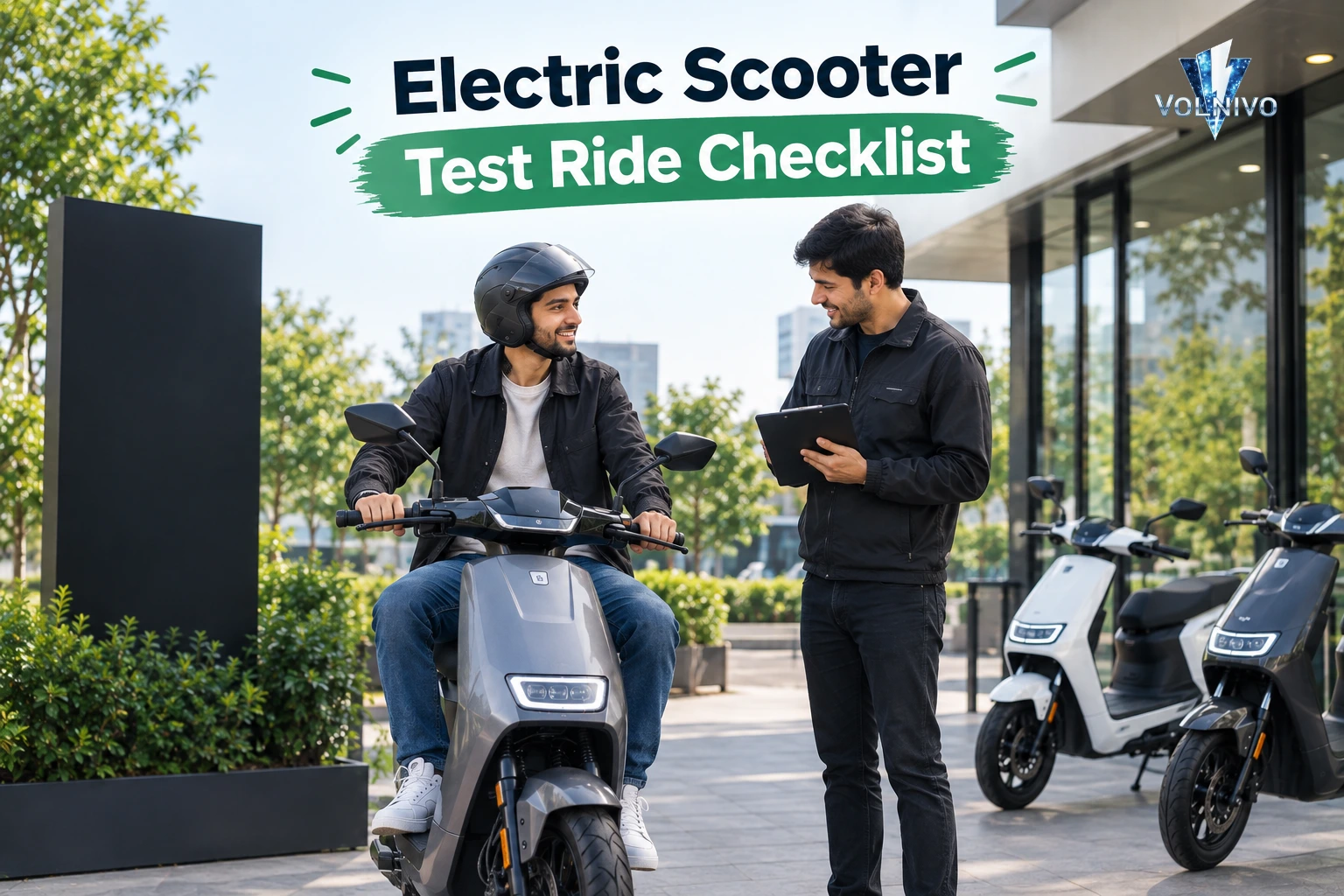 Rider on e-scooter receiving guidance for an Electric Scooter Test Ride Checklist.