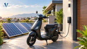 Black e-scooter connected to charger setup: Solar Charging Electric Scooter in Pakistan.